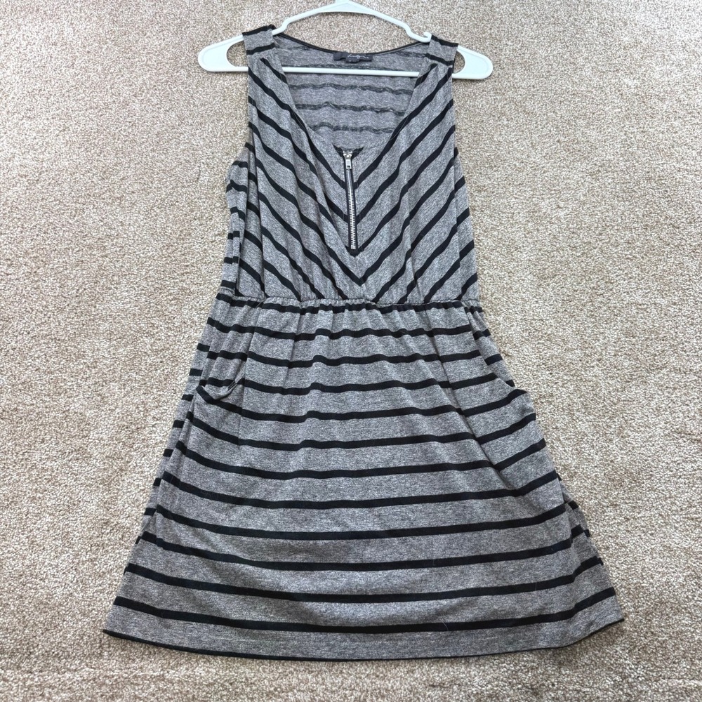 Twenty One Womens Grey Black Striped Sleeveless Zip V-Neck Pocket Dress Medium